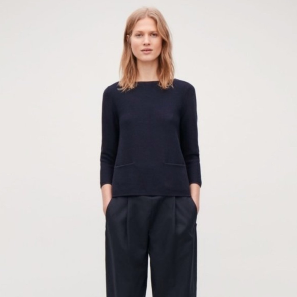 Navy COS Cropped Sweater with Pockets